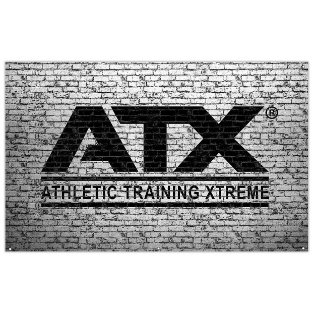 Poza cu ATX® Banner textil – logo ATX negru pe perete alb din piatră – 200 x 125 cm