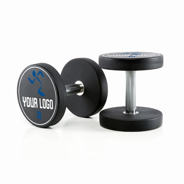 Poza cu Set gantere poliuretan personalizat - logo client - trepte de 2,5 kg - gantere compacte 5 - 30 kg