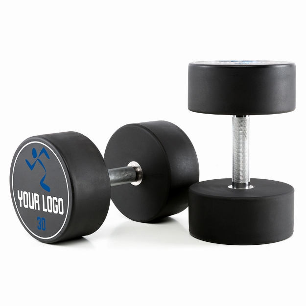 Poza cu Set gantere poliuretan personalizat - logo client - trepte de 2,5 kg - gantere compacte 5 - 30 kg