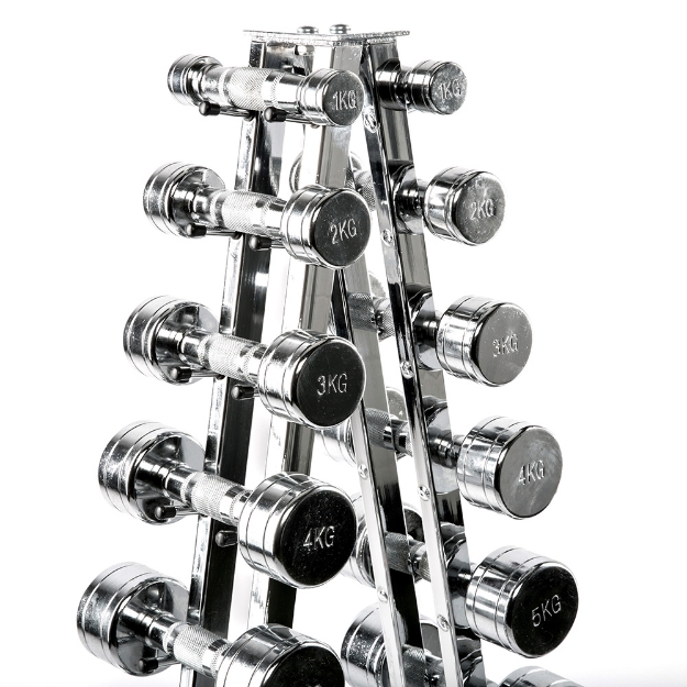 Poza cu Piramida suport gantere cromate compactă pentru sală - R-3001