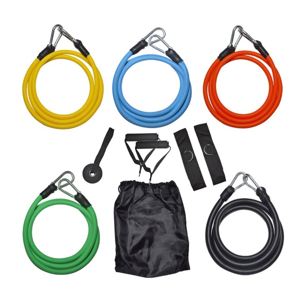Poza cu Set benzi elastice fitness din latex 5 nivele – cu mânere, ancoră ușă și husă transport