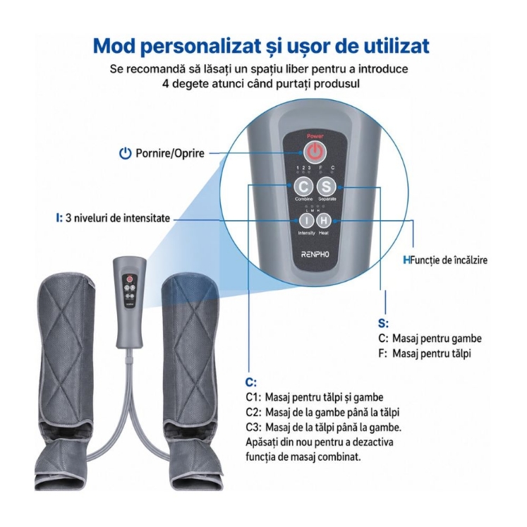 Poza cu Aparat de masaj cu compresie și încălzire pentru picioare și gambe RENPHO ALM071H